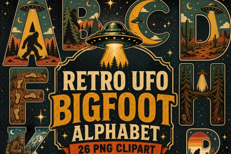 Retro UFO Bigfoot Alphabet PNG Bundle | Vintage Cryptid A-Z