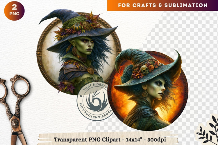 Dark Fantasy Halloween Witches Medallion Clipart sublimation