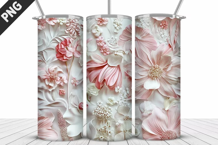 3D White Flowers Tumbler Wrap | Sublimation Design | Tumbler