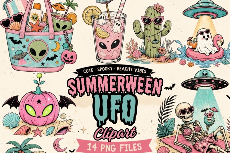 Summerween UFO Clipart Bundle | 14 PNG Files | Cute Spooky
