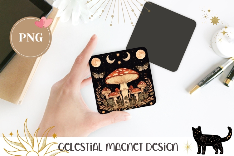Cartoon Mushrooms Magnet PNG, Celestial Moon Magnet Template