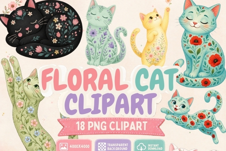 Floral Cat Clipart PNG, 18 Cute Flower Cat Designs