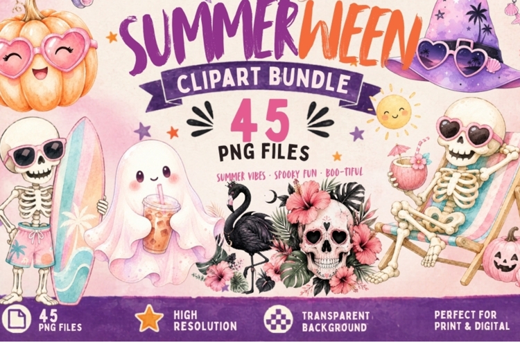 Summerween Clipart Bundle PNG, Pastel Halloween Summer