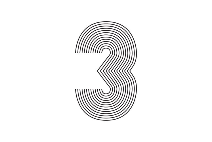Number three 3 Line Art in black thin lines striped isolated