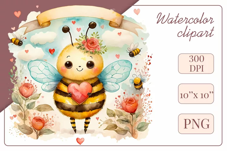 Little Bee Watercolor Clipart, Flower Sublimation Design Png