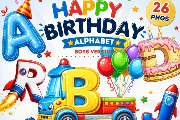 Birthday Alphabet PNG Bundle | 26 Boys Letters, Party