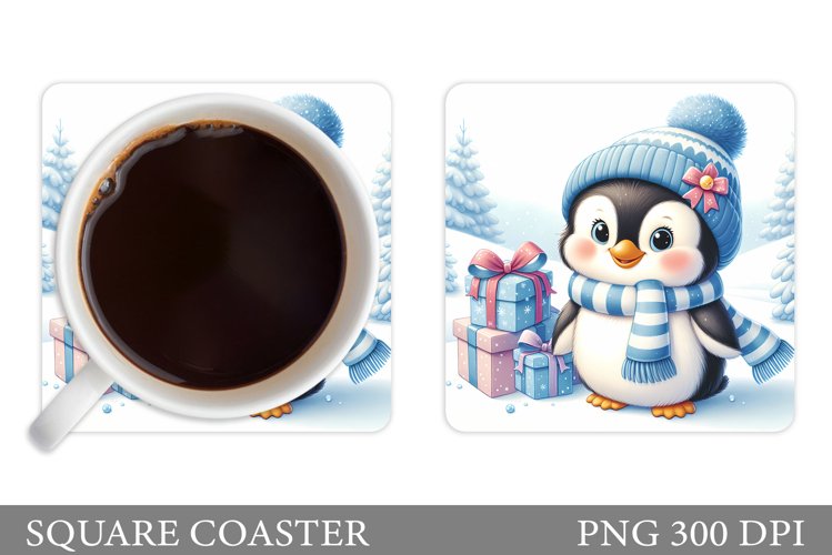 Cute Penguin Coaster Sublimation. Christmas Coaster Design