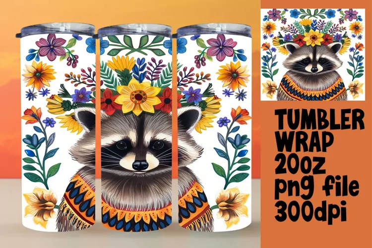 Lively Raccoon with Flowers Tumbler Wrap for 20oz