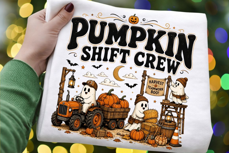 Pumpkin Shift Crew PNG Sublimation Design - Cute Ghost Farm