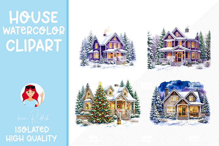4 Cozy Watercolor House Clipart