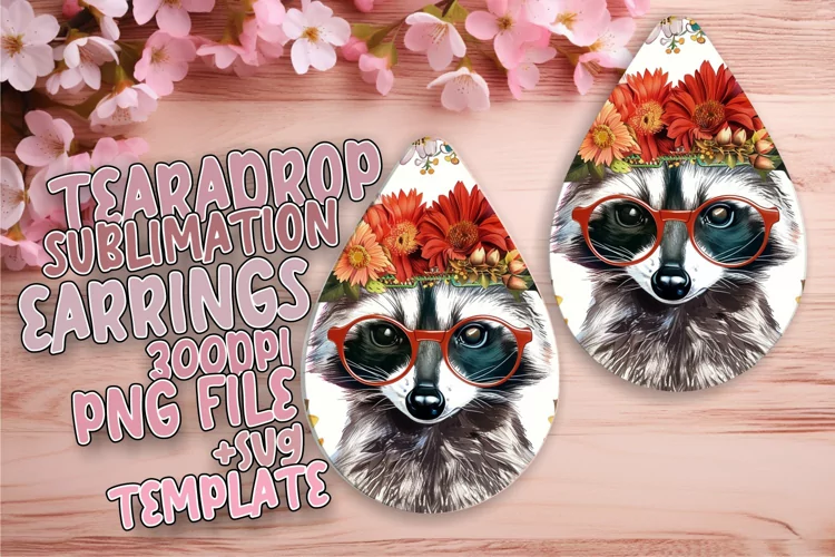 Teardrop Earrings Sublimation: Raccoon & Floral Pattern