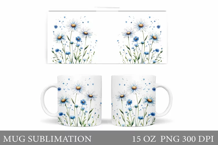 Flowers Mug Sublimation. Daisy Flowers Mug Wrap Design