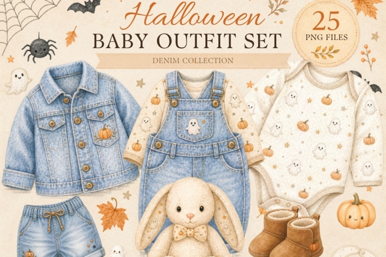 Watercolor Halloween Baby Outfit Clipart PNG, Denim Baby