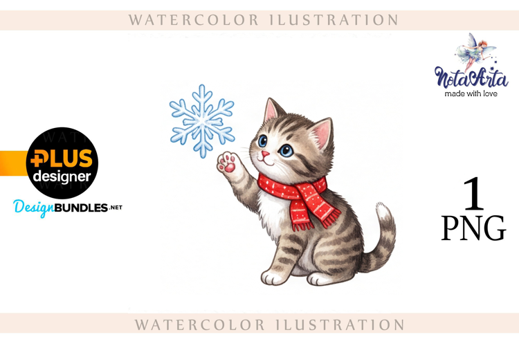 Christmas Kitten in Watercolor Style