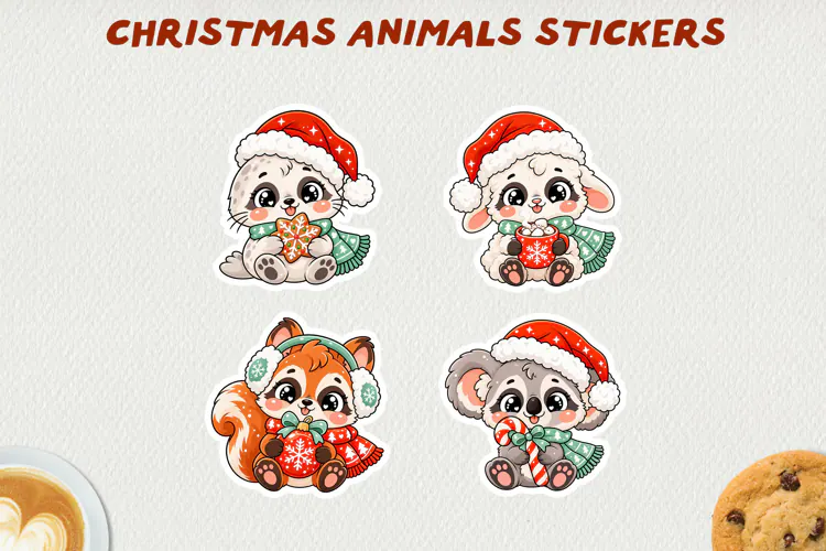 Cute Christmas Animals Printable Stickers.