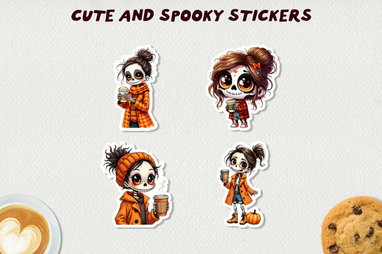 Spooky Skeleton Girls Stickers Halloween Clipart Kawaii Fall