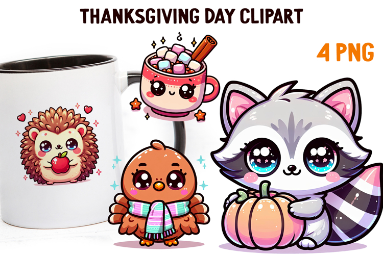 Cute Kawaii Thanksgiving Clipart | Fall Pumpkin Turkey PNG