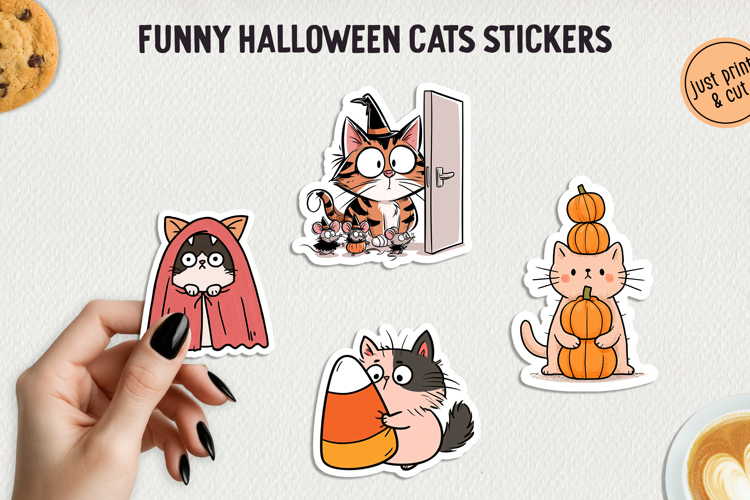 Funny Halloween Cat Sticker PNG Printable Stickers.