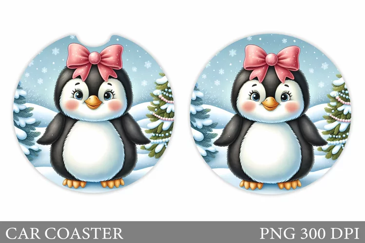 Cute Penguin Car Coaster. Christmas Car Coaster Design