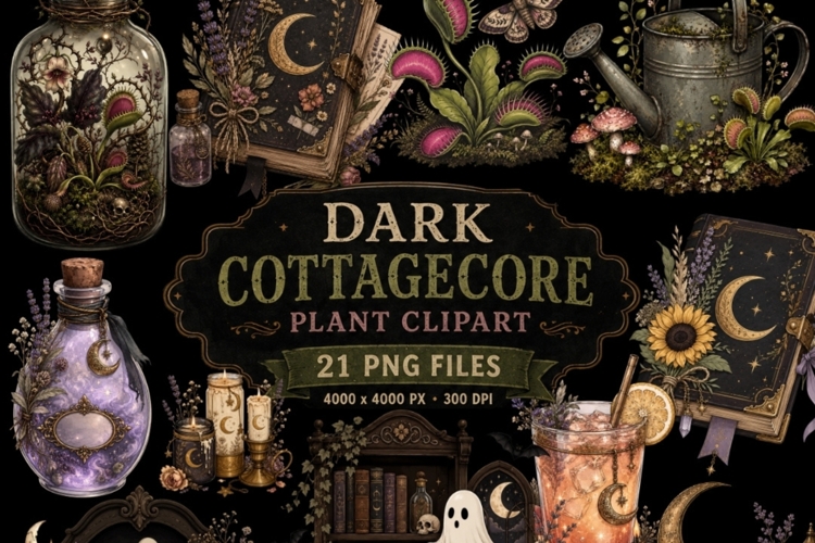 Dark Cottagecore Plant Clipart | 21 PNG Files | Gothic