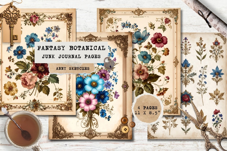 4 Fantasy Vintage Botanical Journal Pages Printable