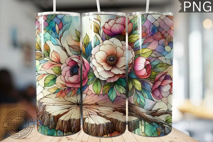 Watercolor Flower Wooden Stump Tumbler - High Quality 3Dpi