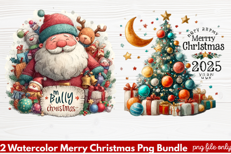 2 Watercolor Merry Christmas PNG | Festive Holiday
