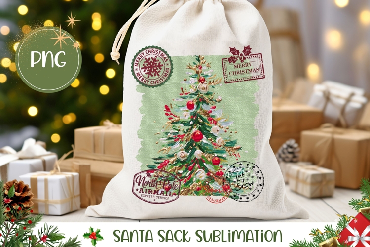 Retro Christmas Tree Santa Sack PNG, Merry Christmas Bag