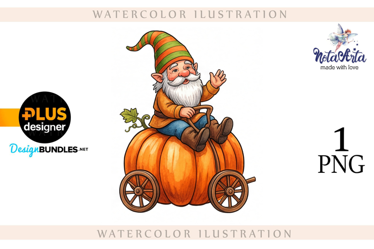 Gnomes with Pumpkin Harvest in Watercolor Style