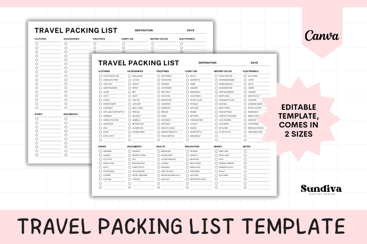 Travel Packing List Editable Template 7 | Travel Planner