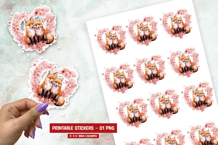 Watercolor valentine day couple fox sticker png example image 1