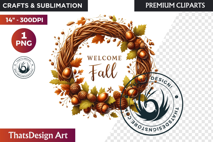Cozy Autumn Wreath - Boho Farmhouse Fall Clipart PNG