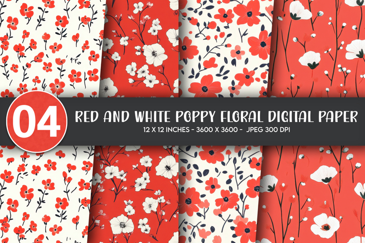 Red and White Poppy Floral Digital Paper