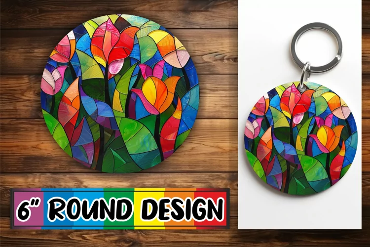 Stained Glass Tree Keychain Round Design Colorful Sublimatio
