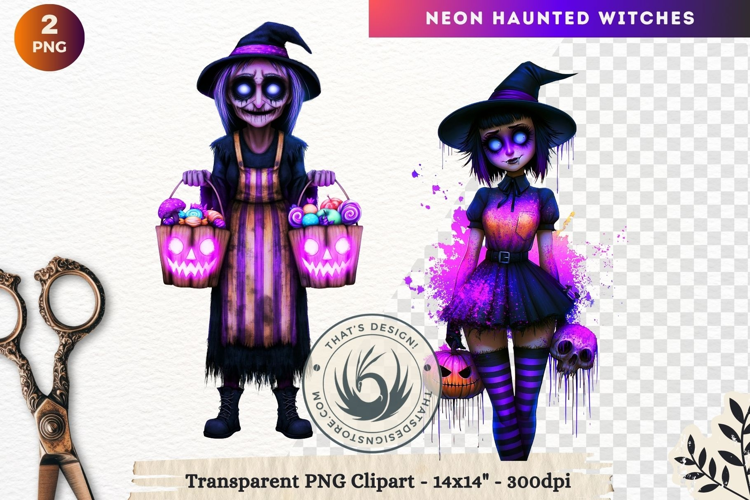 Neon Haunted Witches Clipart, Spooky Kawaii Halloween PNG