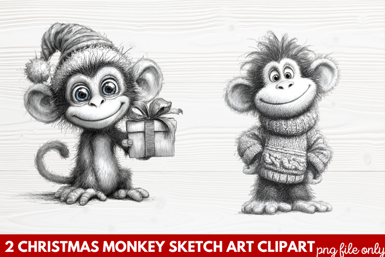 Christmas Monkey Sketch Art Clipart | Hand-Drawn Holiday