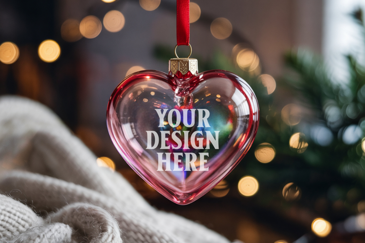 Christmas Heart Crystal Glass Ornament Mockup | Clear Heart