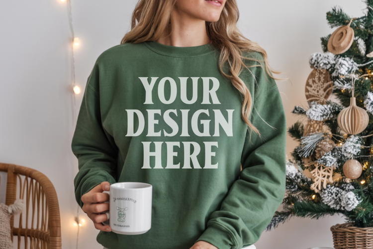 Comfort Colors 1566 Light Green Sweatshirt Mockup Real Model