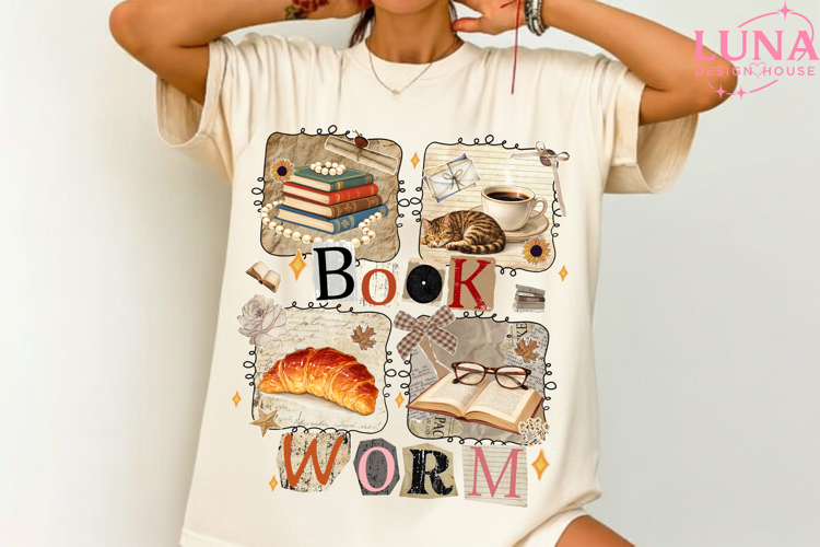 Boho Wildflower Bookworm Png, Bookish Png, Cottagecore Book