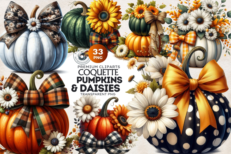 Floral Coquette Pumpkins and Daisies PNG with bows Cliparts