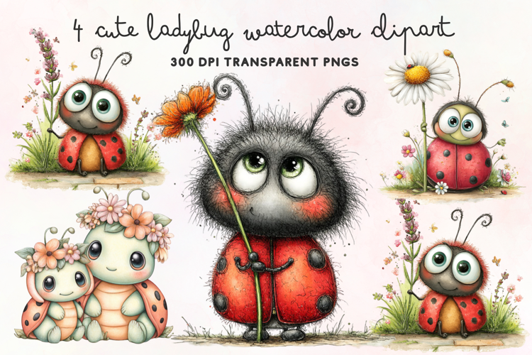 Cute Ladybug Watercolor Clipart PNG