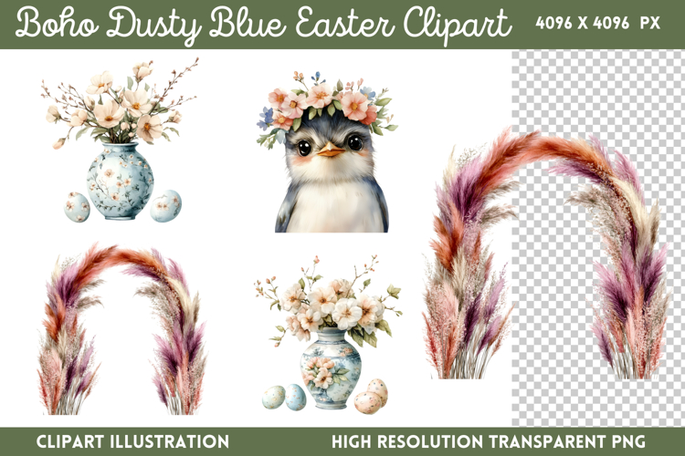 Boho Dusty Blue Easter Clipart PNG