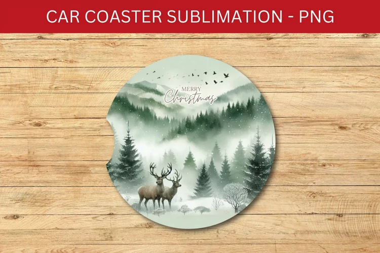 rounded car coaster - deer in the forest