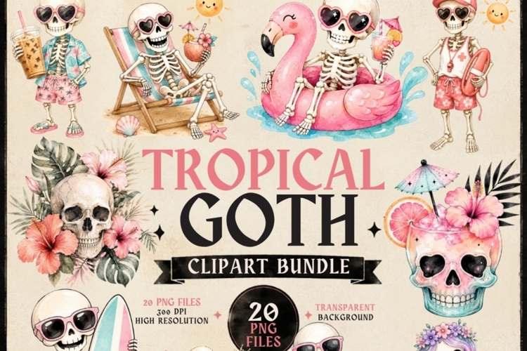 Tropical Goth Clipart Bundle | 20 PNG Files, Spooky Beach