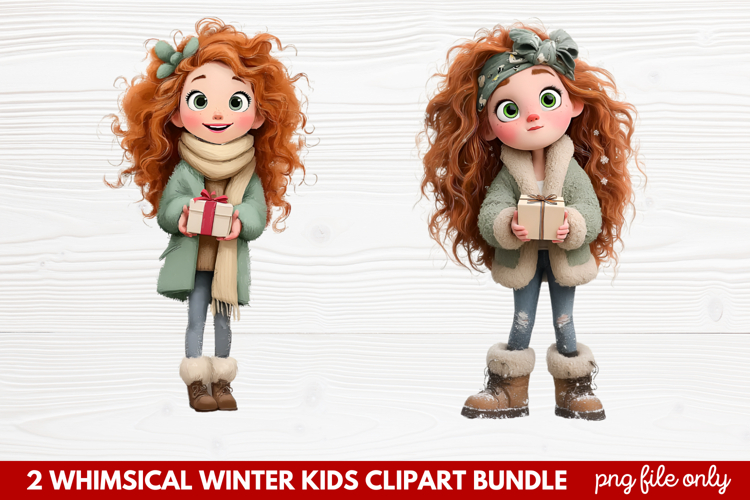2 Whimsical Winter Kids Clipart | Cute Winter Kids PNG