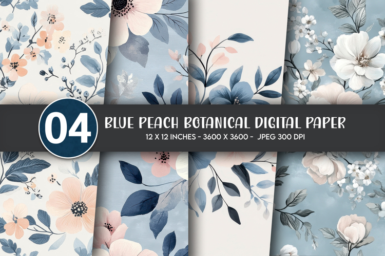 Blue Peach Botanical Digital Paper