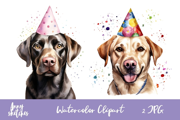 Labrador Retriever Watercolor Clipart in a Party Hat Crown