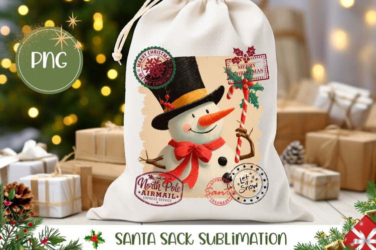 Vintage Christmas Snowman Santa Sack PNG, Christmas Gift Bag