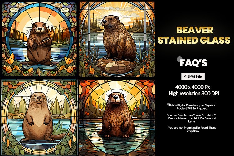 Beaver Stained Glass Square Coaster - 04 Variations example image 1