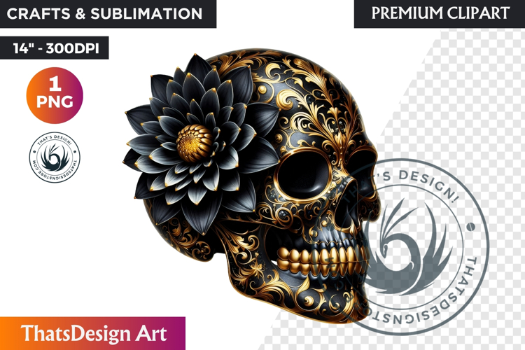 Floral Black Gold Sugar Skull Day of the Dead Clipart PNG
